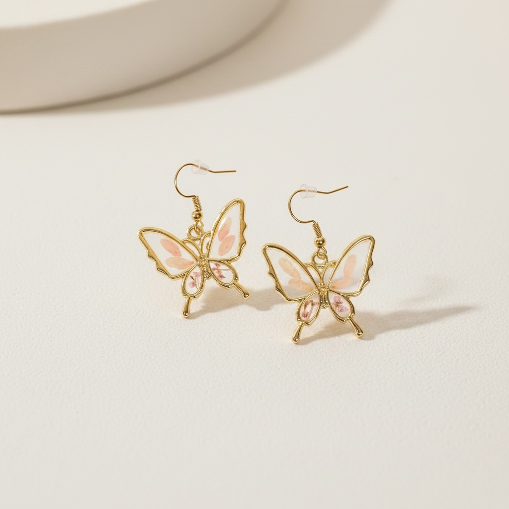 Blushwing Butterfly Earrings | Pink Butterfly Earrings | Gold Floral Resin Jewellery | Aura in Bloom