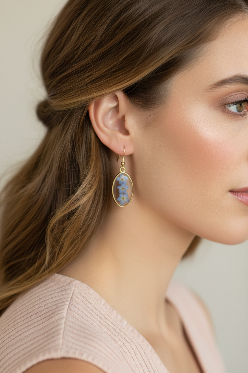 Blue Forget-me-not Oval Earrings on Model