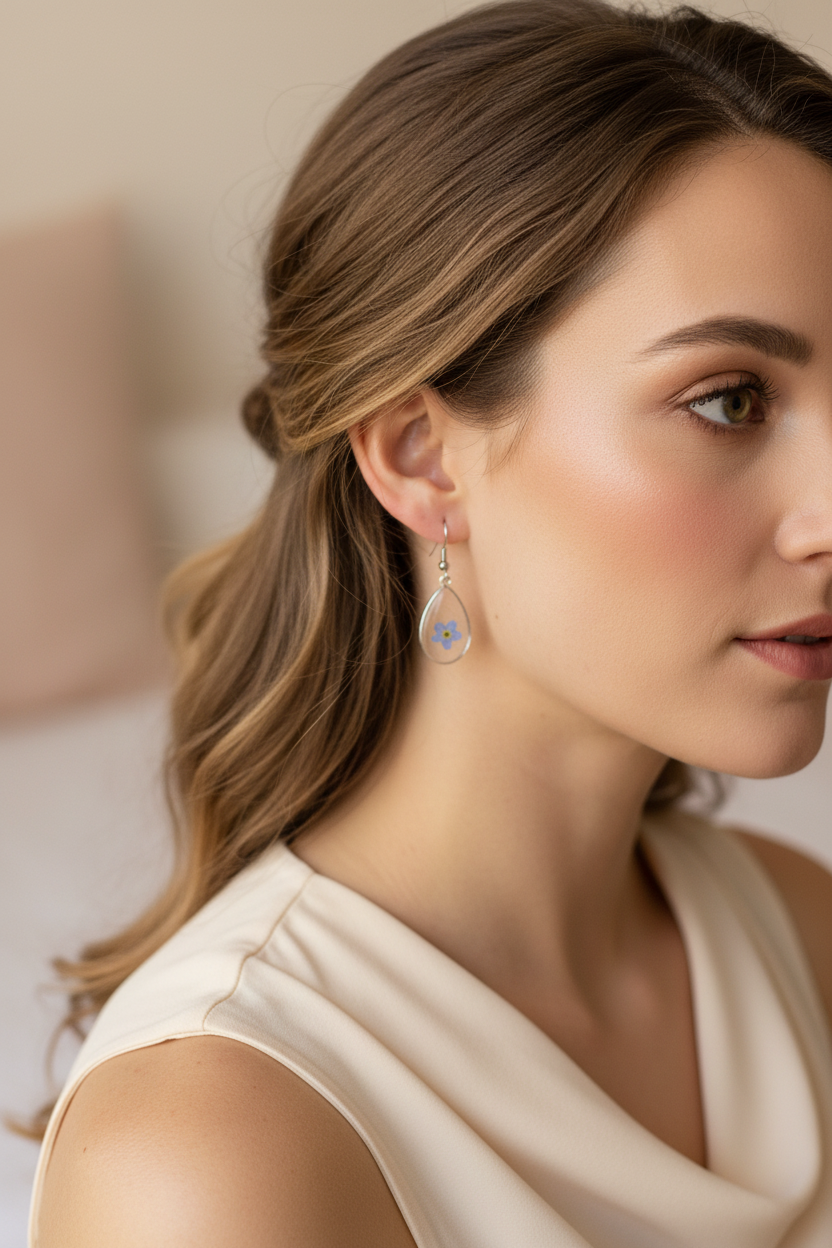 Blue Forget-me-not Teardrop Earrings on Model