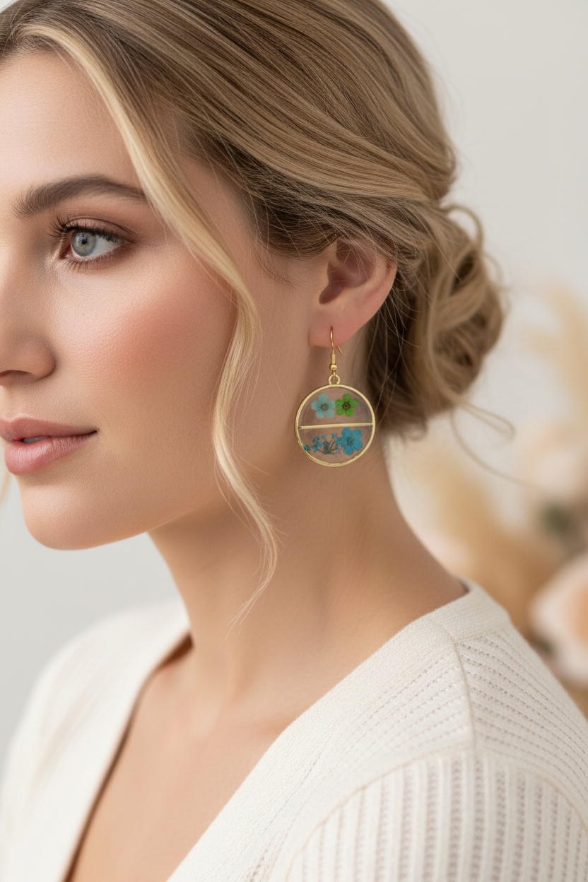 Blue & Green Split Circle Earrings on Model