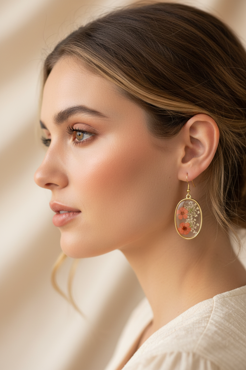 Coral Oval Earrings on Model