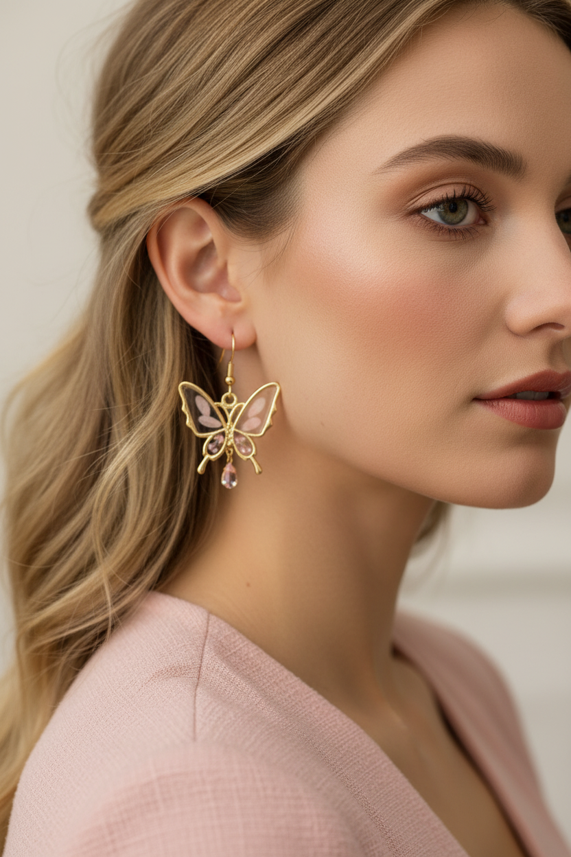 Blushwing Butterfly Earrings | Pink Butterfly Earrings | Gold Floral Resin Jewellery | Aura in Bloom