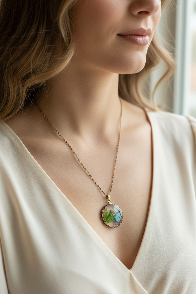 Green Butterfly Bronze Circle Necklace on Model