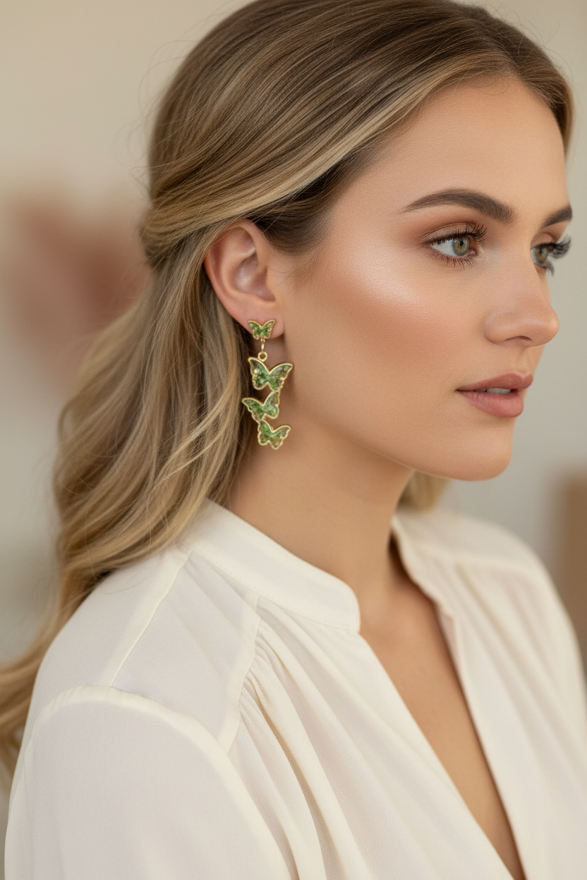 Green Butterfly Cascade Earrings on Model