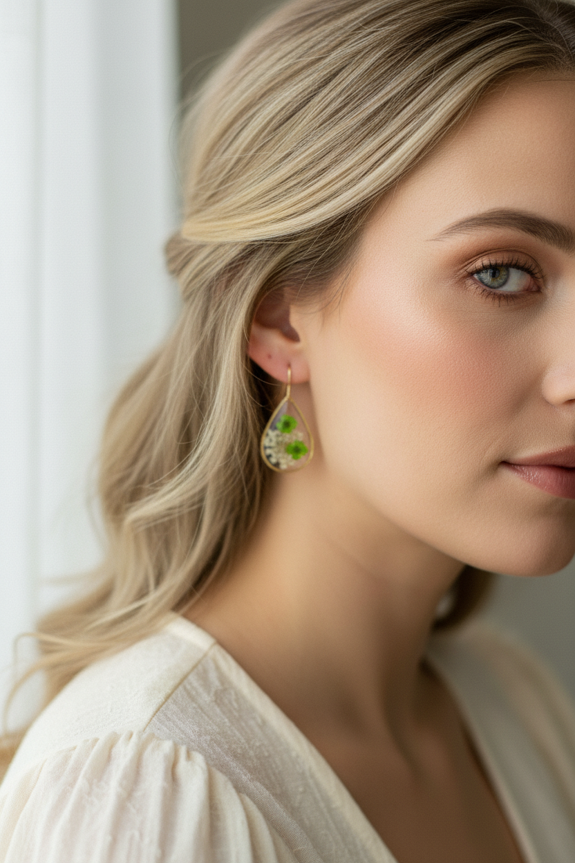 Green Clover Teardrop Earrings on Model