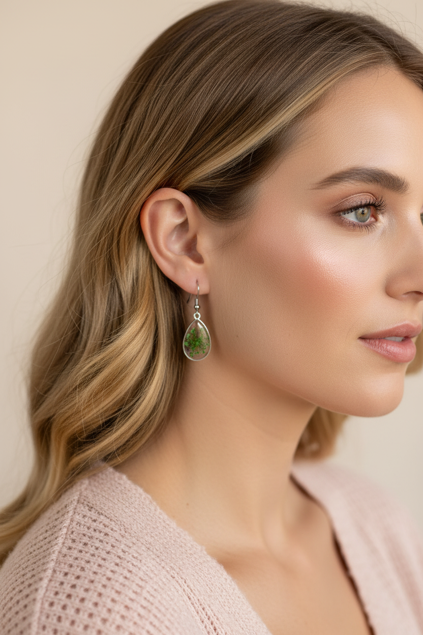 Green Queen Anne's Lace Teardrop Earrings on Model