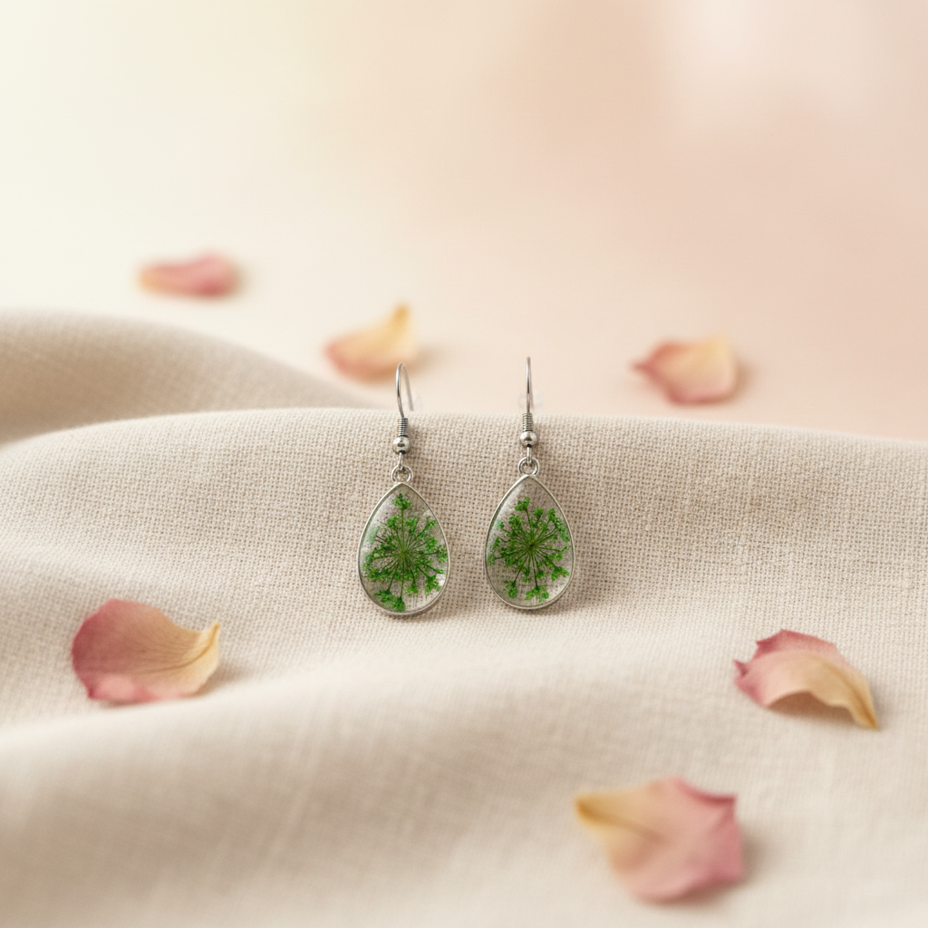 Green Queen Anne's Lace Teardrop Earrings