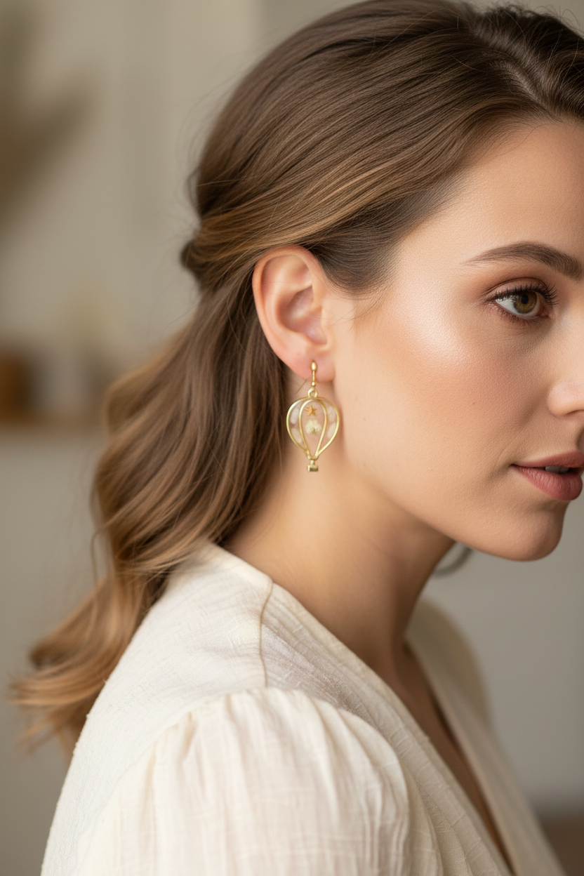 Skybound Blossom Balloon Earrings | Hot Air Balloon Earrings | Pressed Flower Statement Dangles | Aura in Bloom