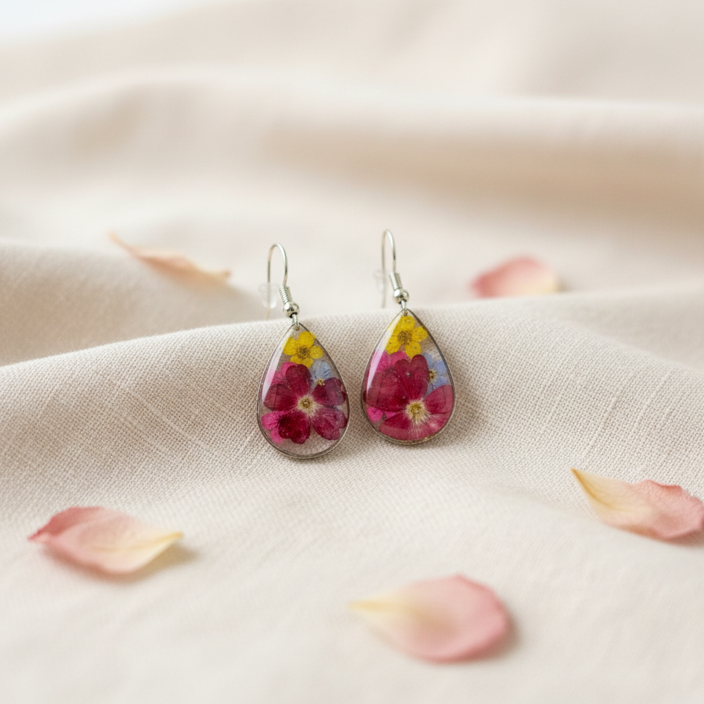 Sunset Meadow Teardrop Earrings | Colourful Pressed Flower Earrings | Teardrop Resin Dangles | Aura in Bloom