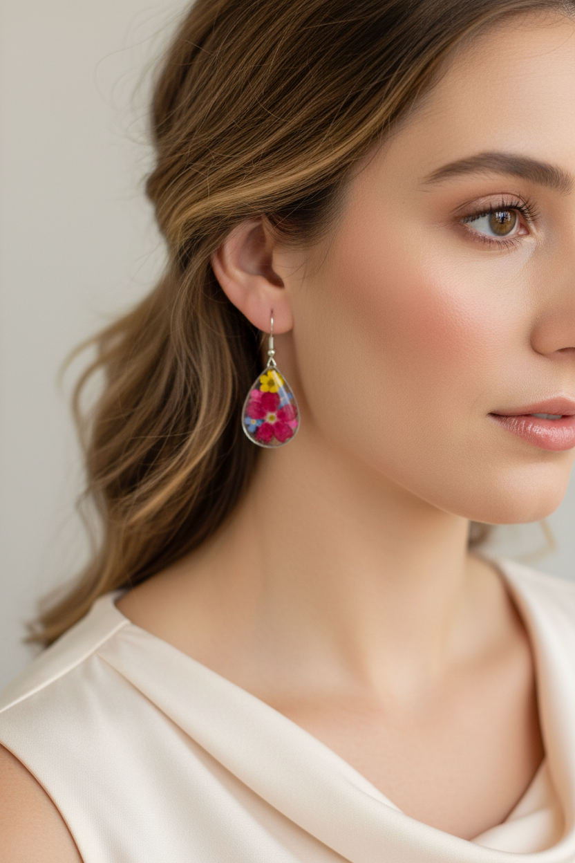 Sunset Meadow Teardrop Earrings | Colourful Pressed Flower Earrings | Teardrop Resin Dangles | Aura in Bloom