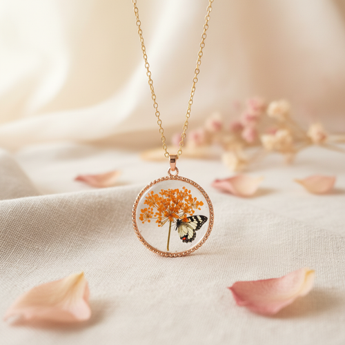 Orange Flower & Butterfly Circle Necklace
