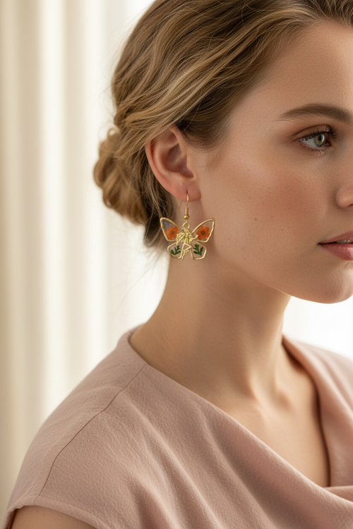 Orange & Green Butterfly Earrings on Model
