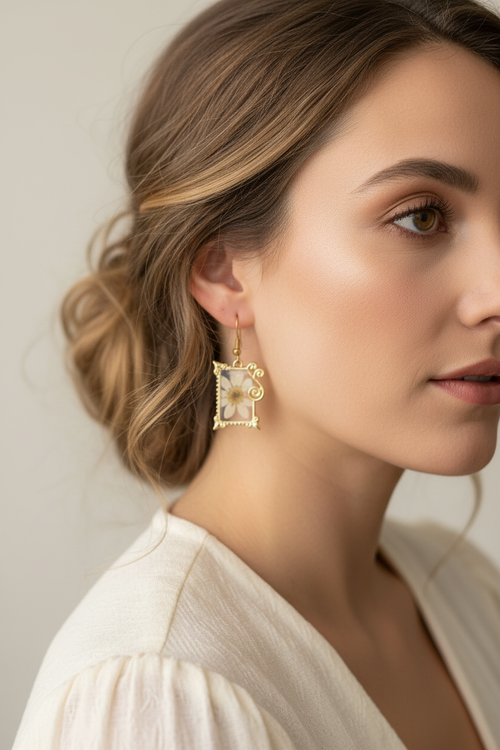 Ornate Gold Square Earrings on Model
