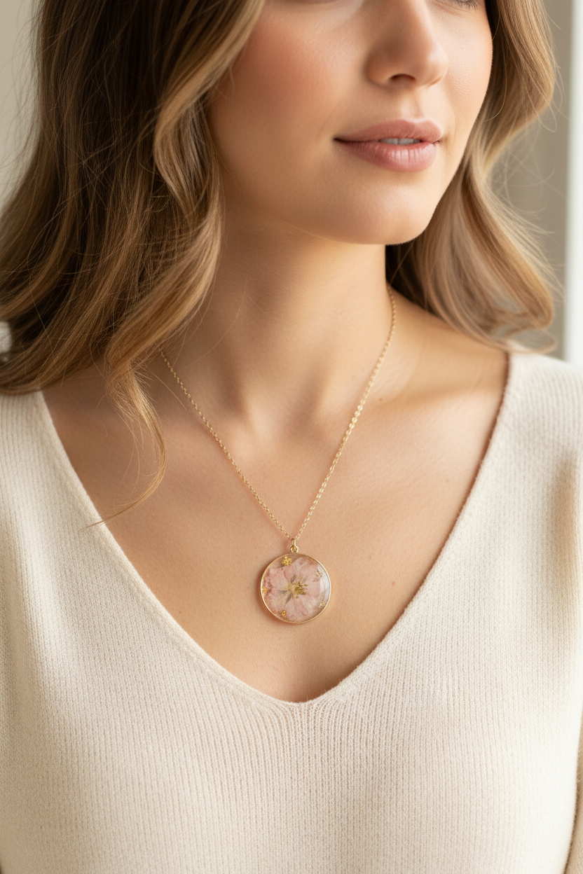 Pink Blossom Circle Necklace on Model