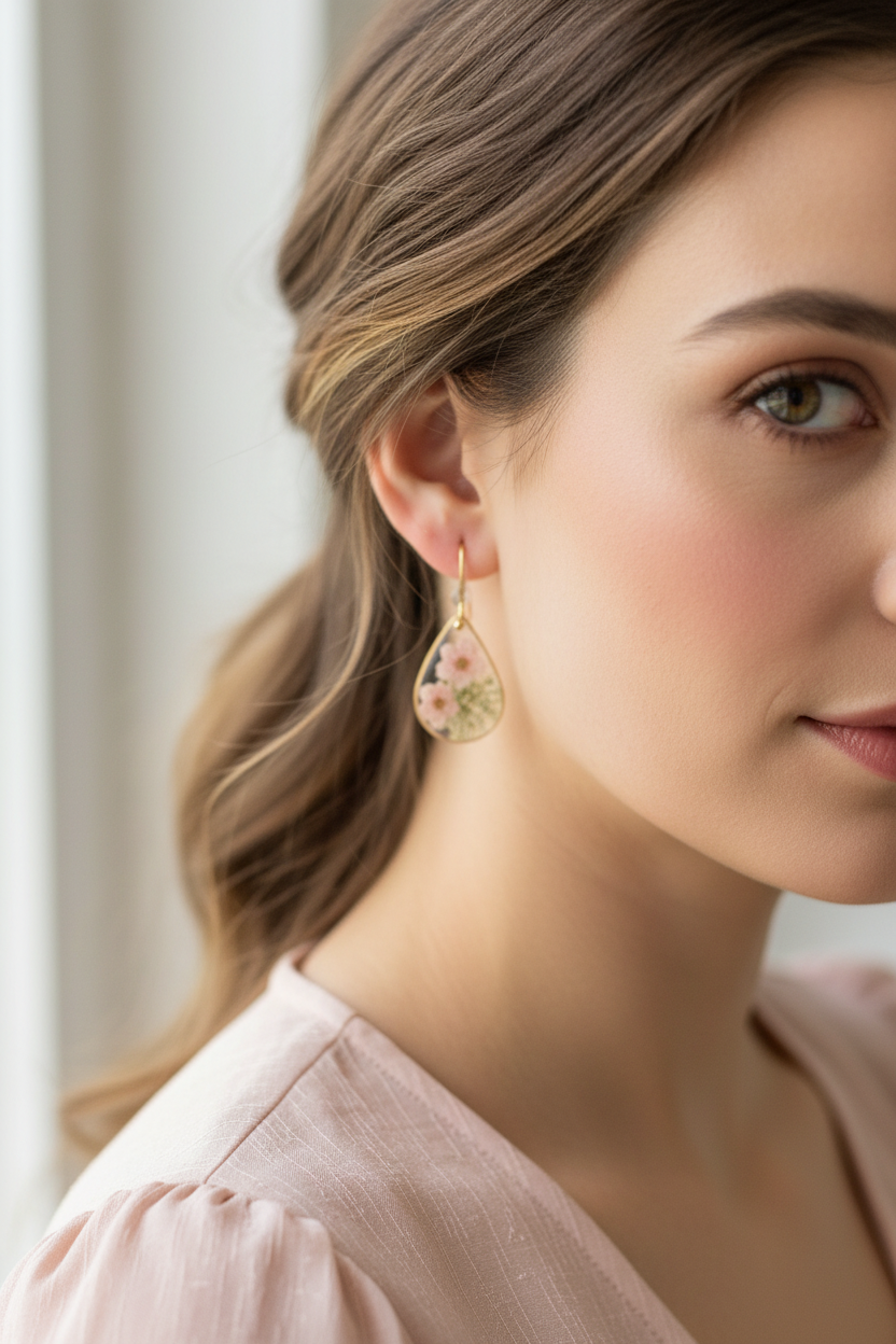 Pink Blossom & Green Teardrop Earrings on Model