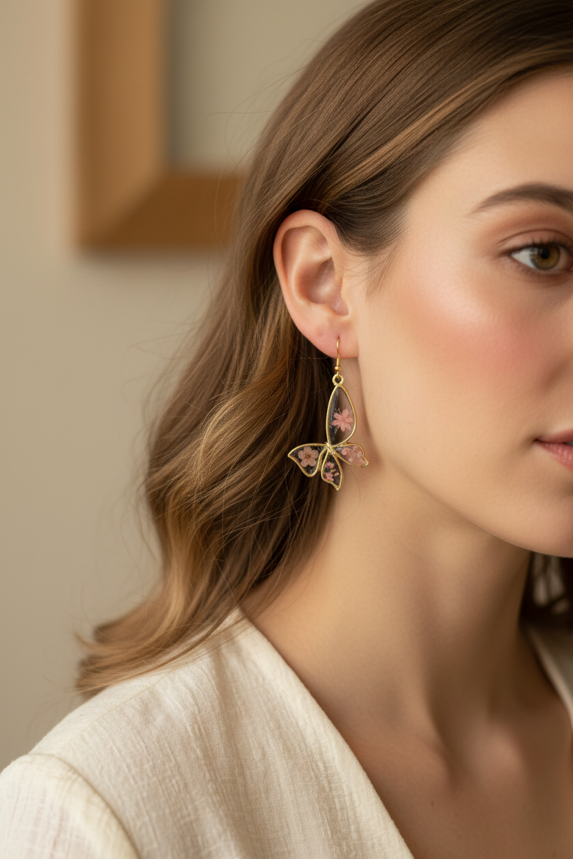 Pink Cherry Blossom Butterfly Earrings on Model