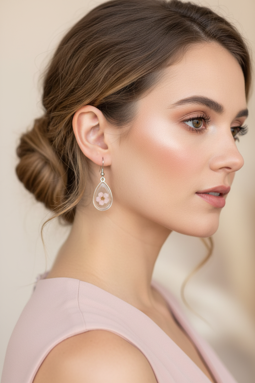Pink Cherry Blossom Teardrop Earrings on Model