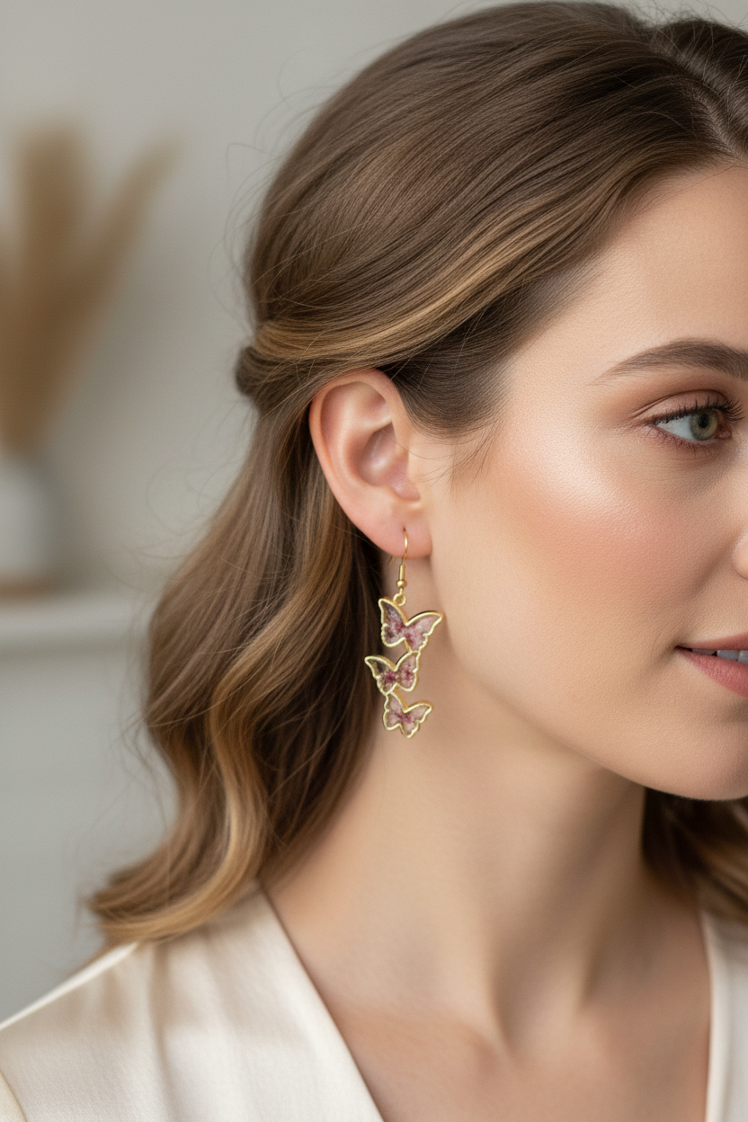 Pink & Purple Butterfly Cascade Earrings on Model