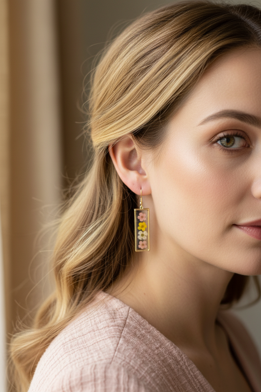 Pink Yellow Pale Pink Rectangle Earrings on Model