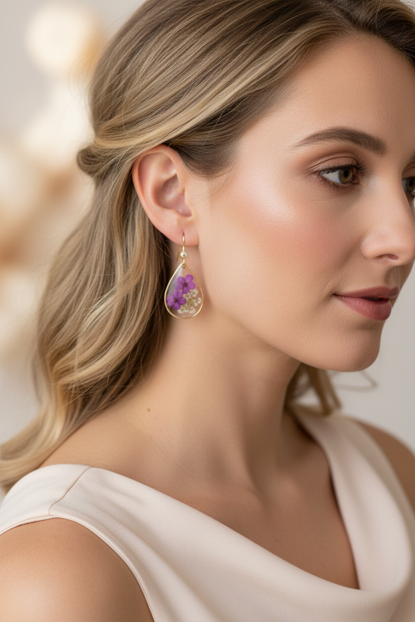 Purple Teardrop Earrings on Model