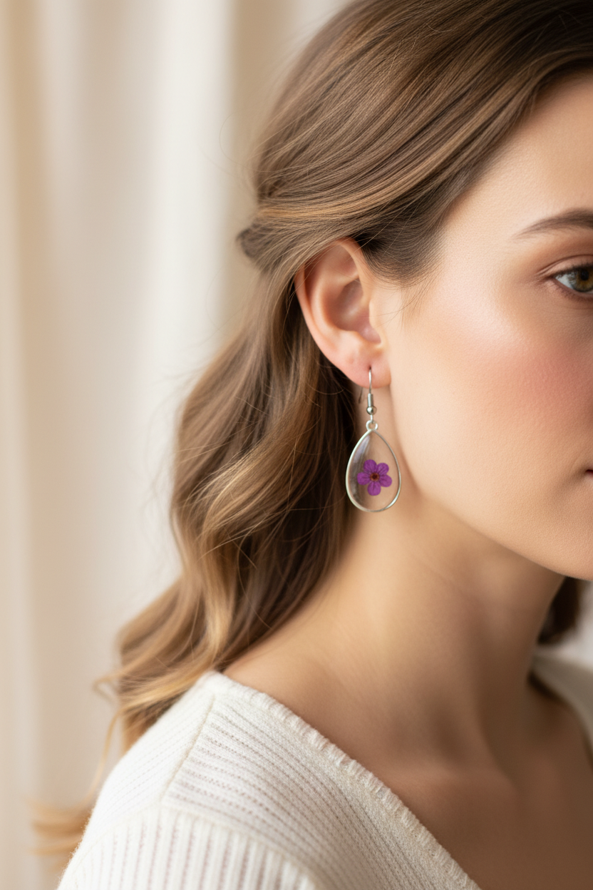Violet Dewdrop Earrings | Purple Teardrop Earrings | Pressed Flower Resin Dangles | Aura in Bloom