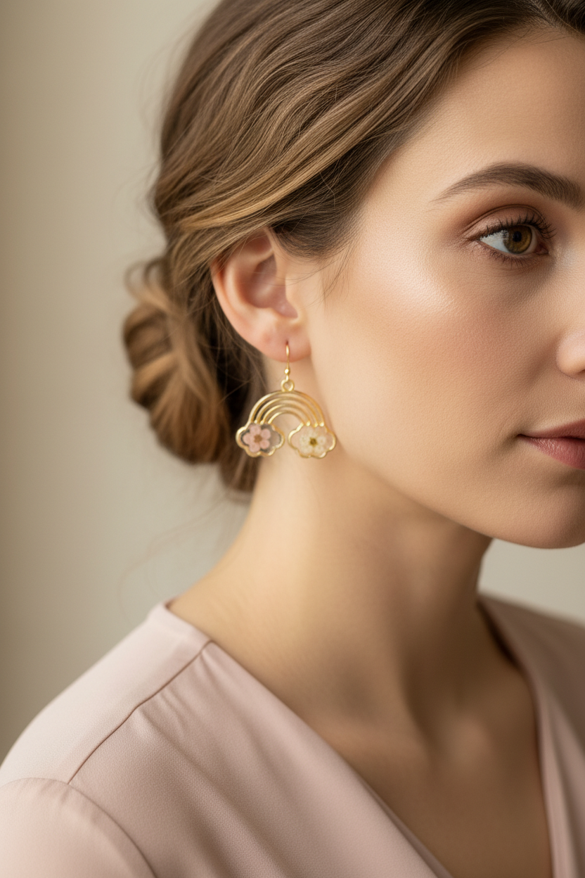 Petal Arc Rainbow Earrings | Rainbow Floral Earrings | Pressed Flower Arch Dangles | Aura in Bloom