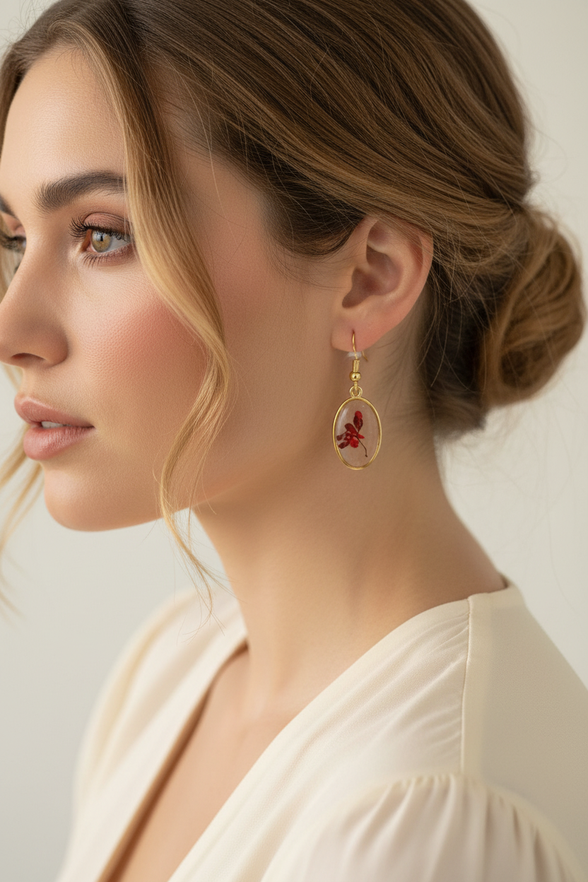 Scarlet Whisper Oval Earrings | Red Oval Floral Earrings | Minimal Pressed Flower Jewellery | Aura in Bloom