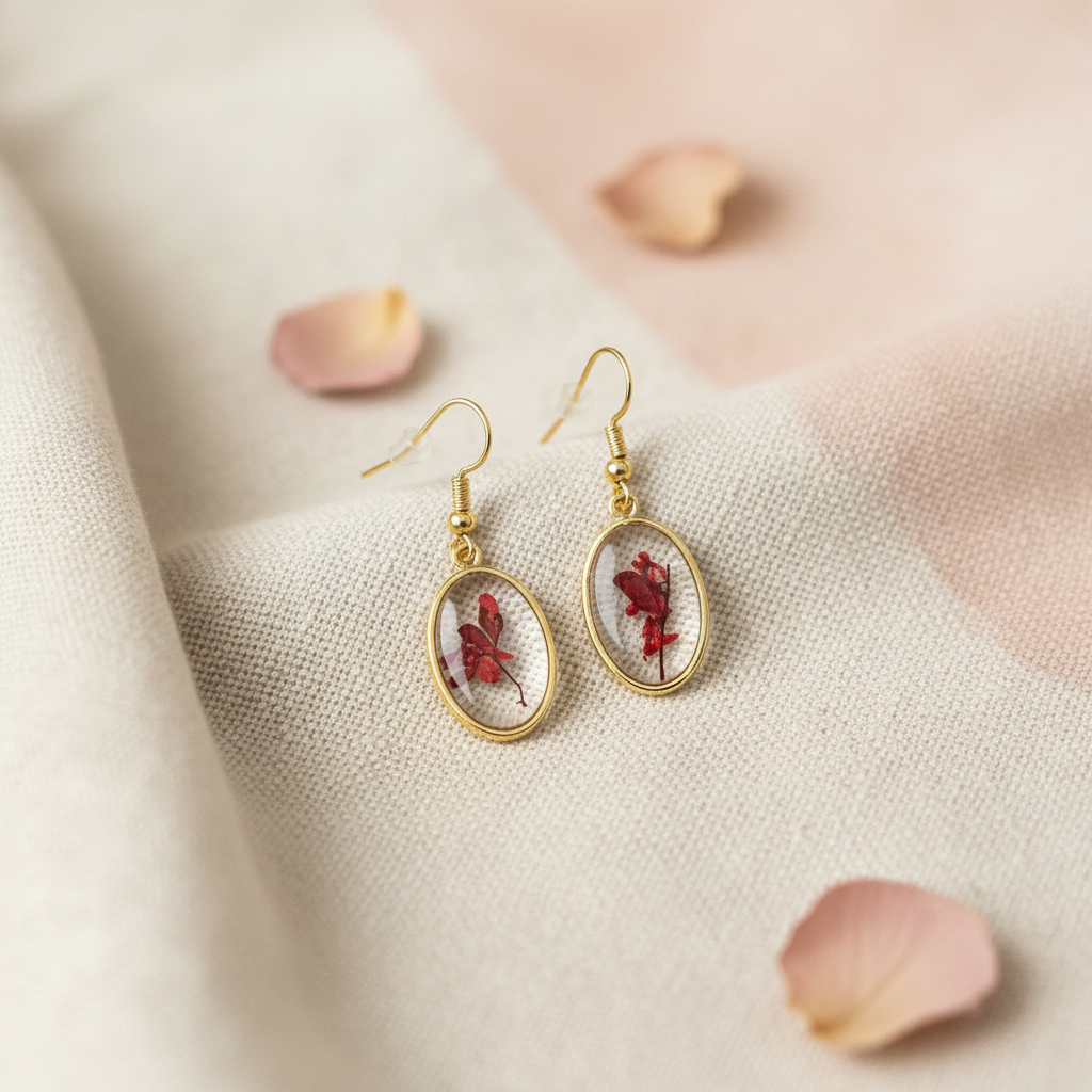 Red Botanical Oval Earrings