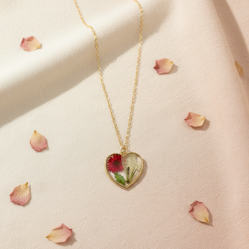 Red Daisy Heart Necklace Flat Lay