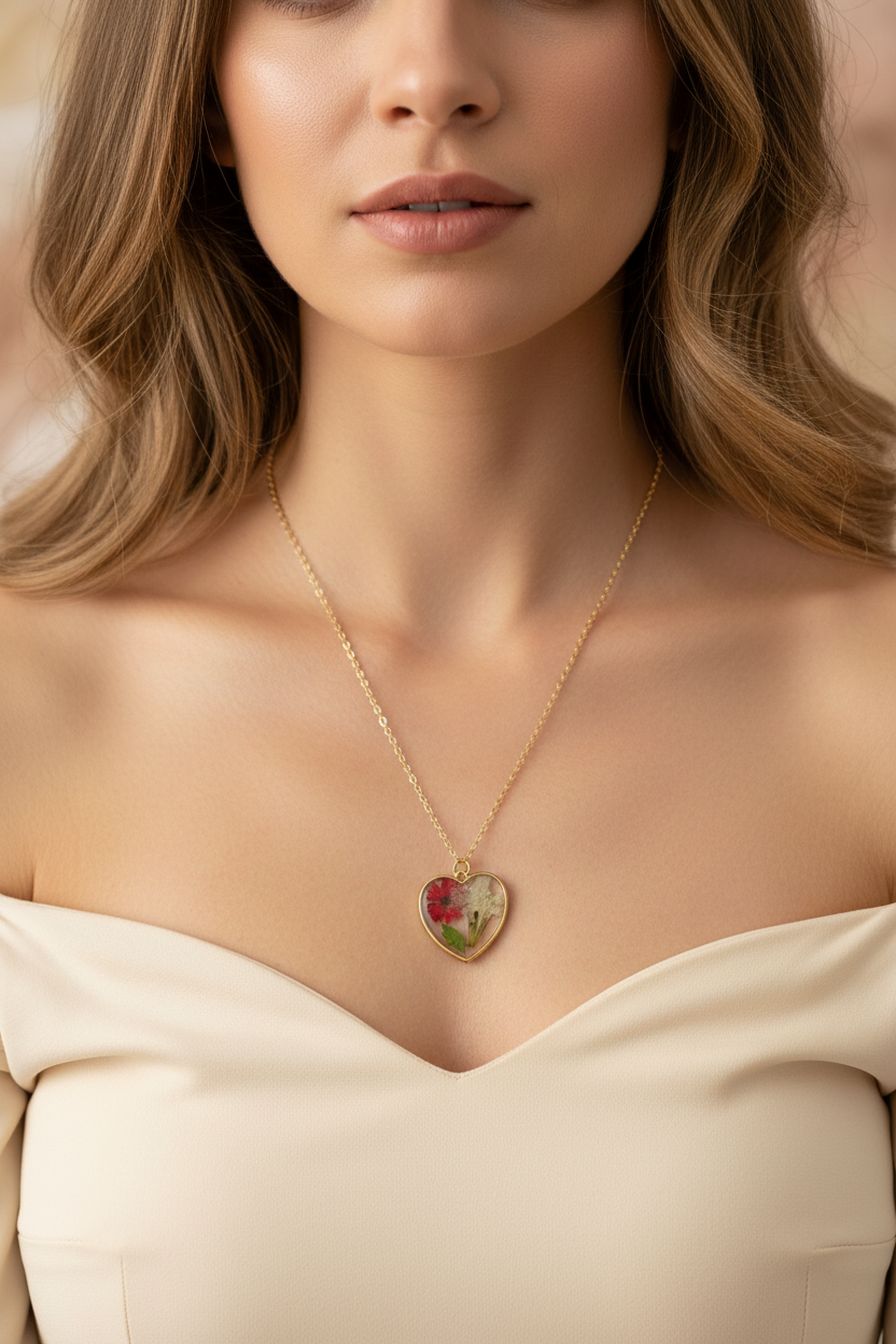 Red Daisy Heart Necklace on Model