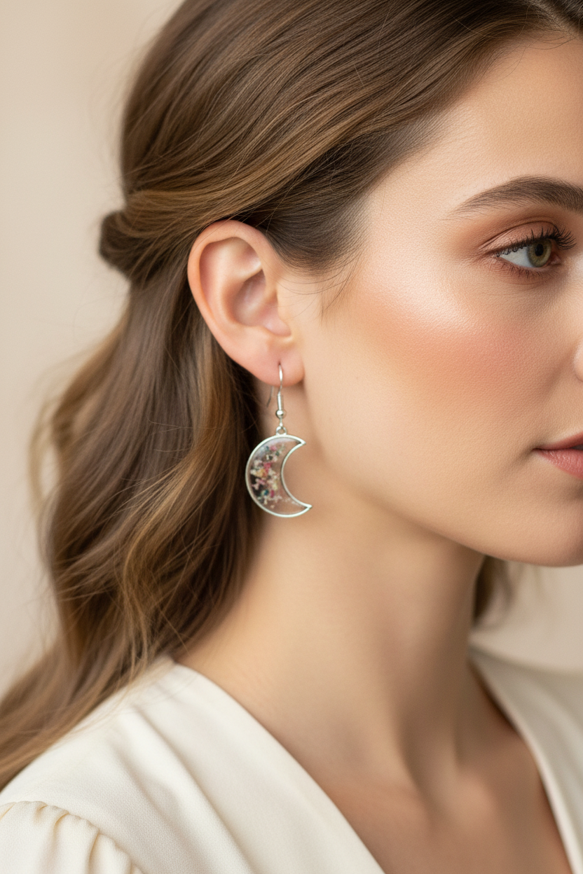 Moonlit Petal Crescent Earrings | Crescent Moon Floral Earrings | Pressed Flower Resin Dangles | Aura in Bloom