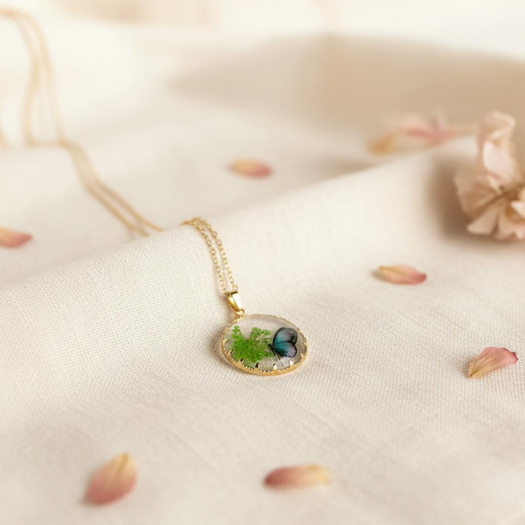 Emerald Whisper Butterfly Pendant | Butterfly Pressed Flower Necklace | Green Botanical Resin Pendant | Aura in Bloom