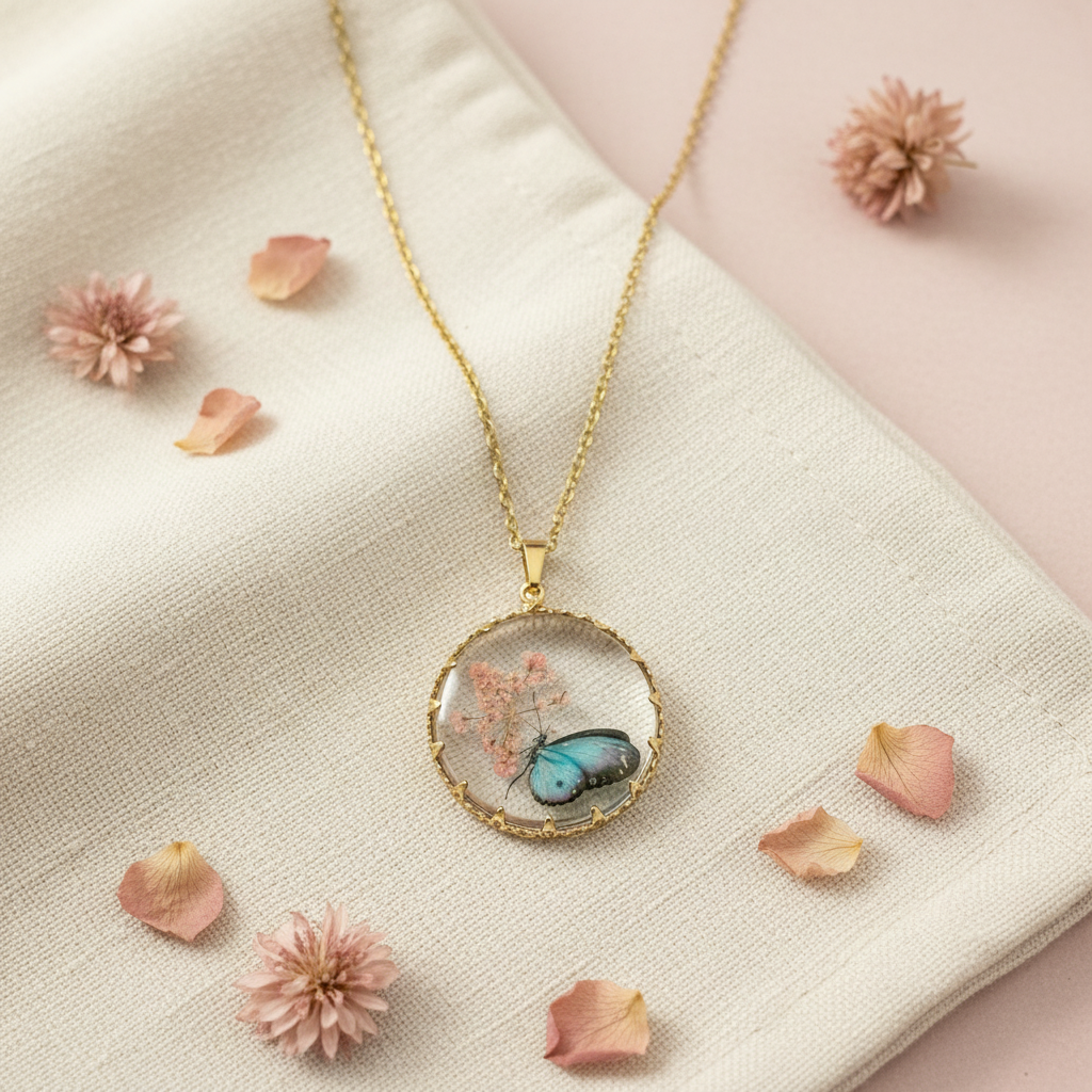 Skykiss Blossom Butterfly Pendant | Butterfly Floral Necklace | Pressed Flower Resin Pendant | Aura in Bloom
