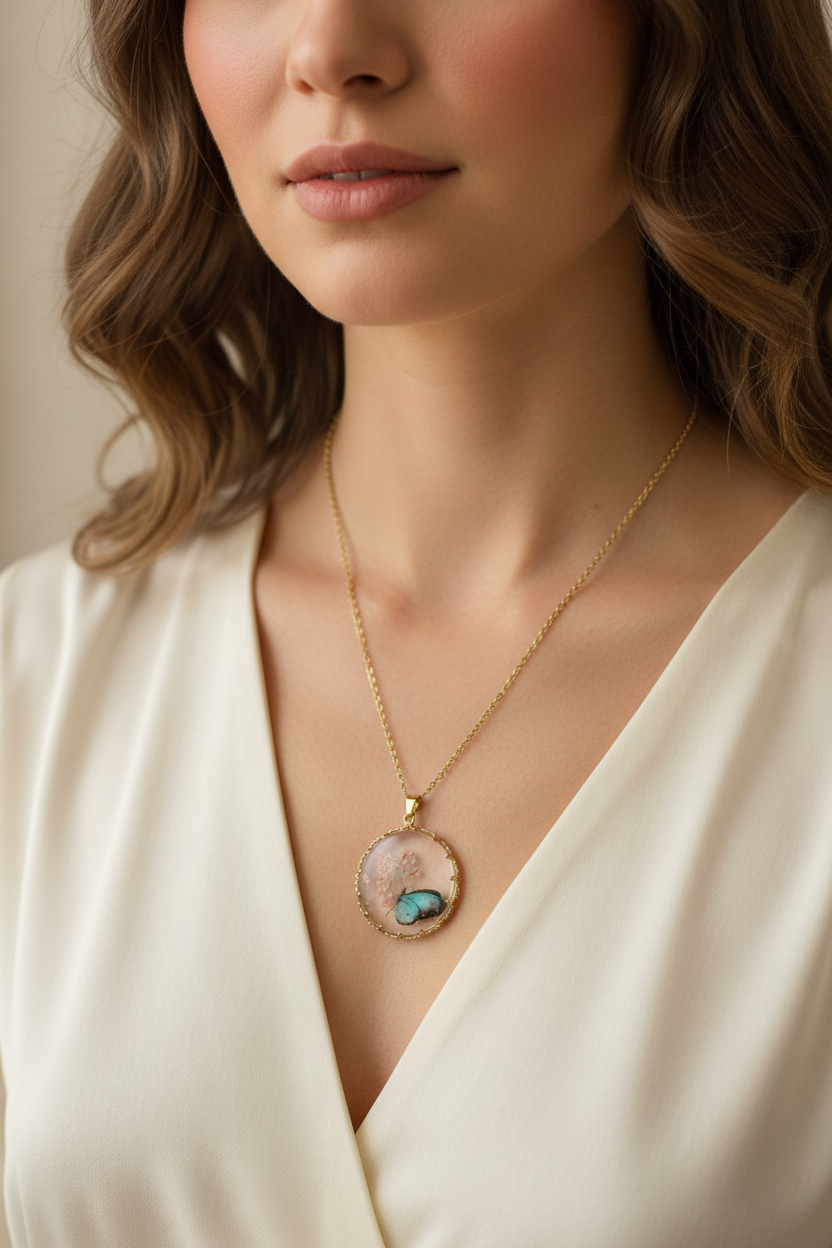 Skykiss Blossom Butterfly Pendant | Butterfly Floral Necklace | Pressed Flower Resin Pendant | Aura in Bloom