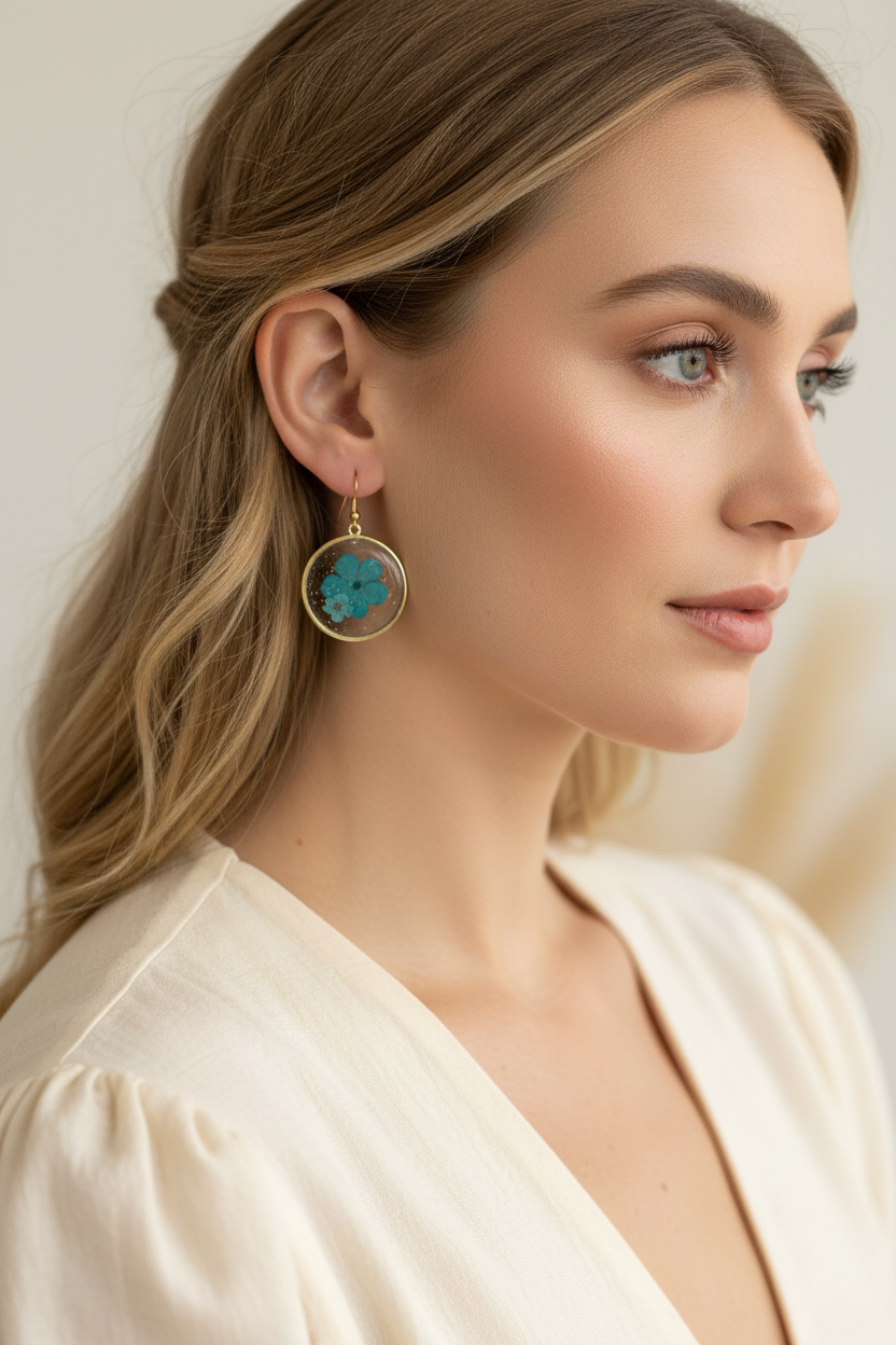 Azure Petal Halo Earrings | Blue Floral Circle Earrings | Gold Fleck Resin Jewellery | Aura in Bloom