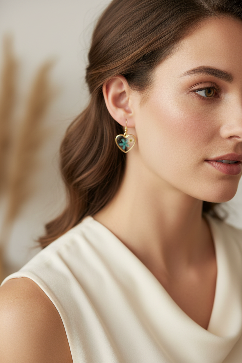 Aqua Bloom Heart Earrings | Teal Heart Earrings | Pressed Flower Resin Jewellery | Aura in Bloom