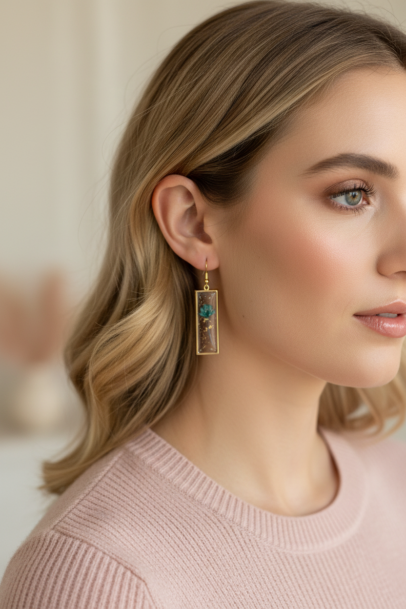 Teal Stem Rectangle Earrings on Model