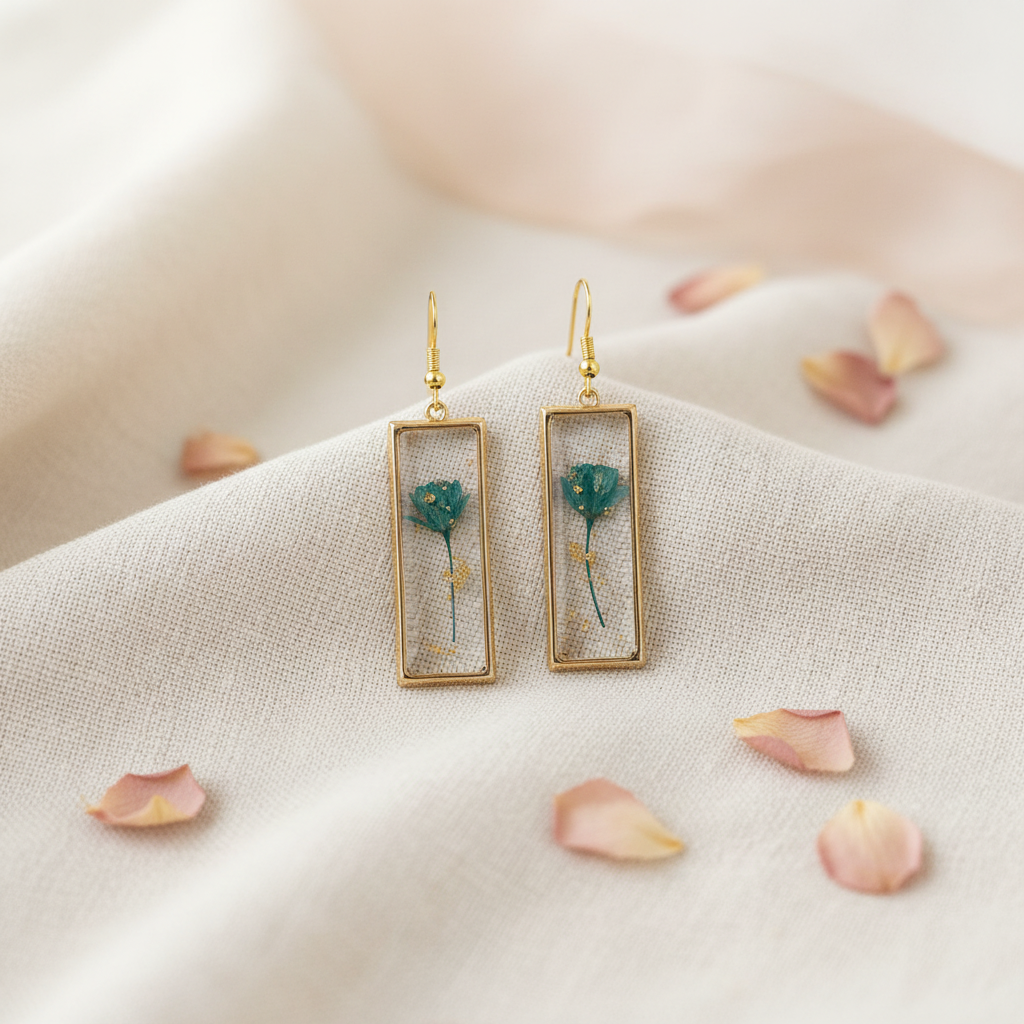 Teal Stem Rectangle Earrings