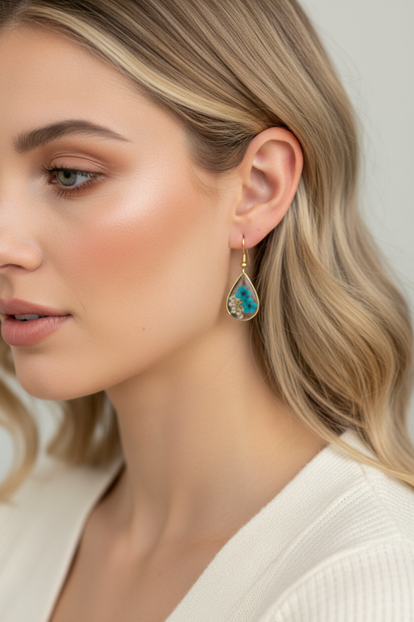 Teal Teardrop Earrings on Model