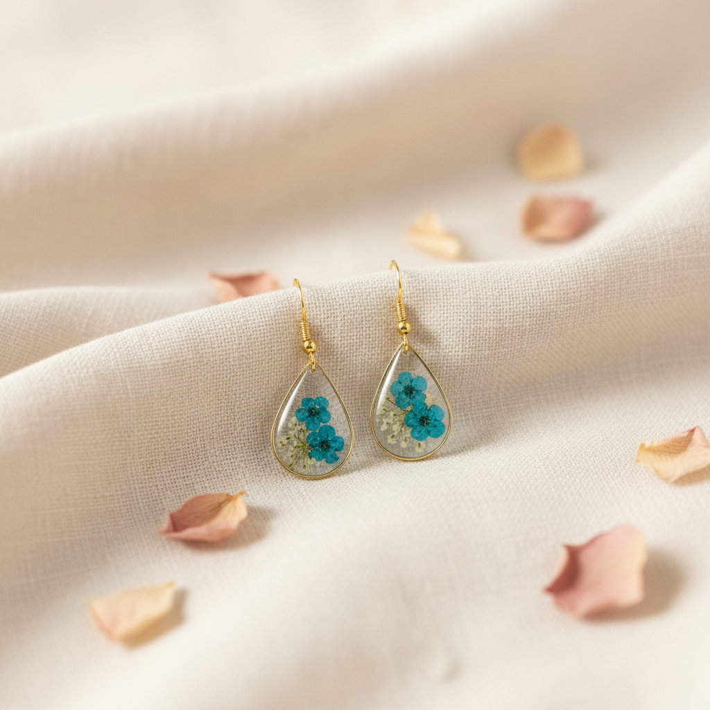 Meadow Mist Teardrop Earrings | Blue & White Floral Earrings | Pressed Flower Teardrop Dangles | Aura in Bloom