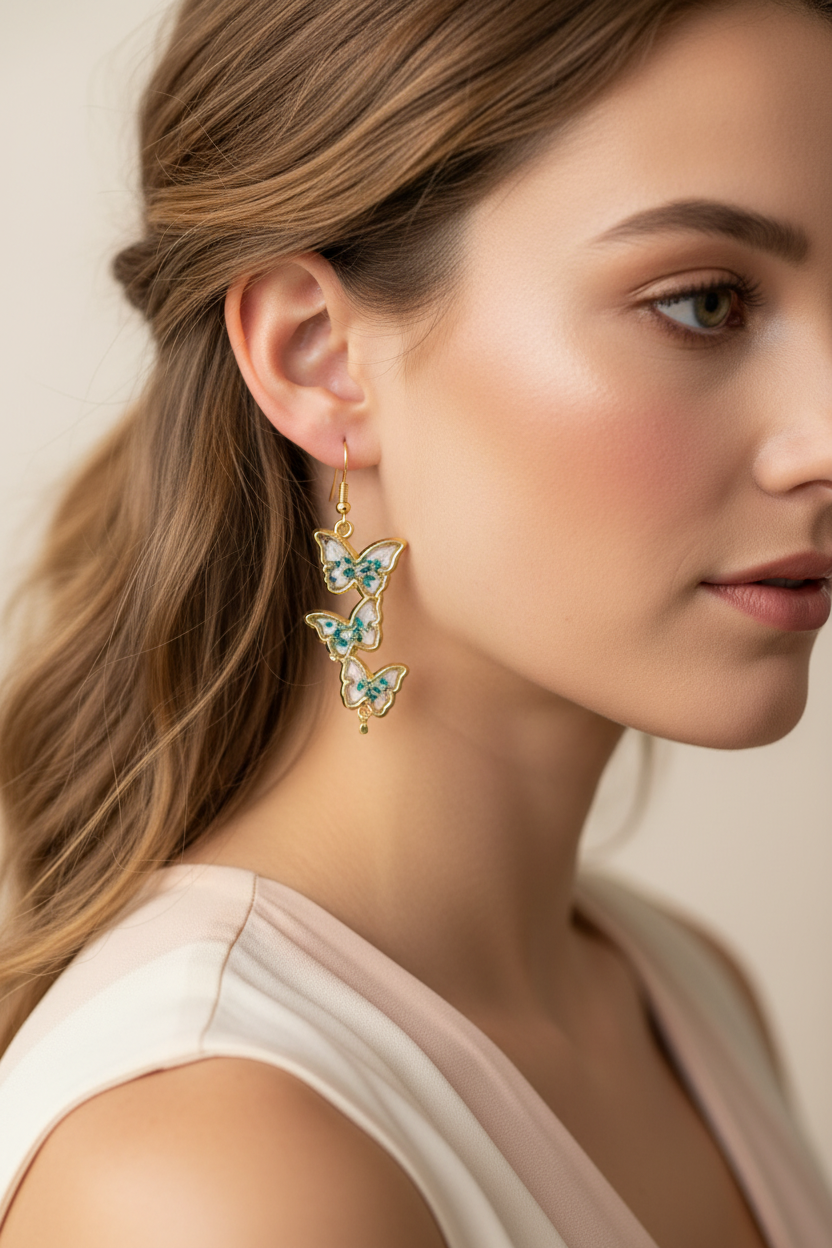 Ocean Flutter Cascade Earrings | Teal Butterfly Earrings | Cascading Statement Dangles | Aura in Bloom