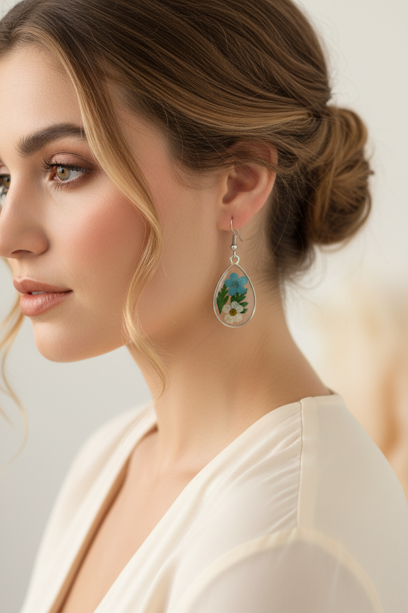 Teal & White Daisy Teardrop Earrings on Model