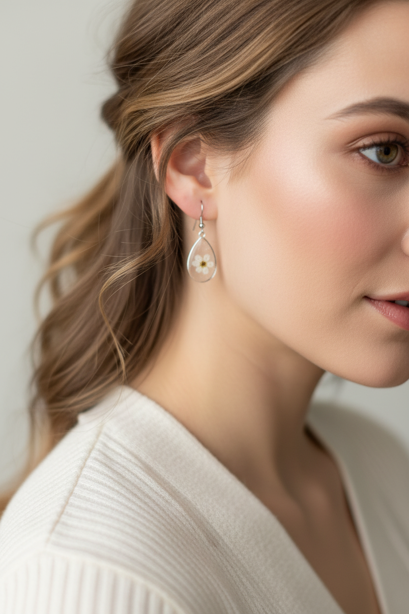 Ivory Bloom Teardrop Earrings | White Floral Teardrop Earrings | Pressed Flower Resin Jewellery | Aura in Bloom