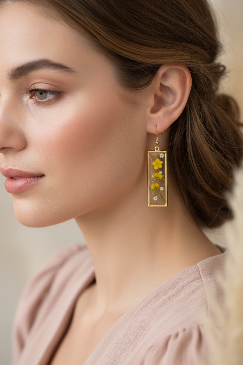 Golden Field Frame Earrings | Yellow Floral Rectangle Earrings | Pressed Flower Resin Jewellery | Aura in Bloom