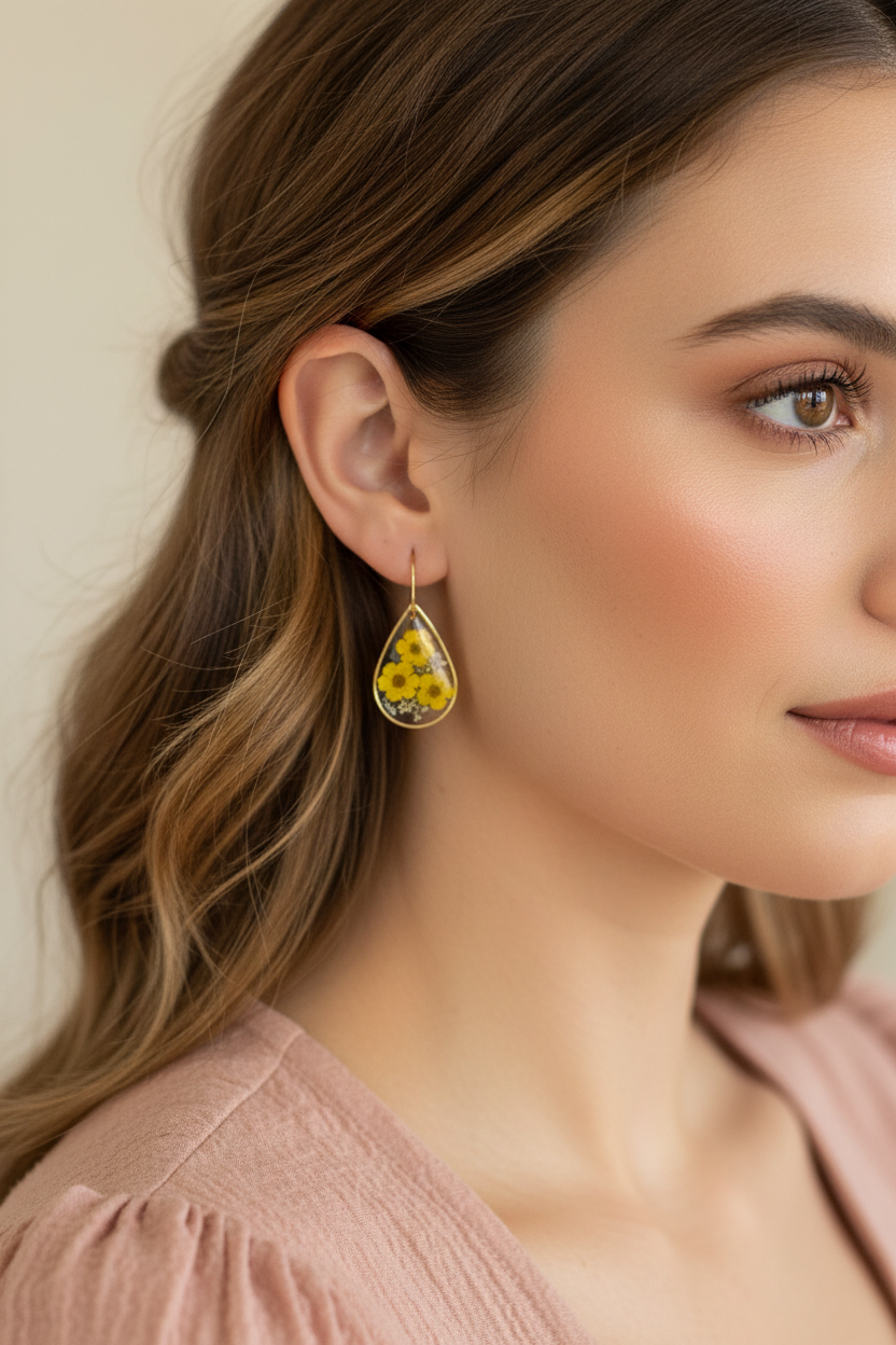 Yellow Daisy Teardrop Earrings on Model
