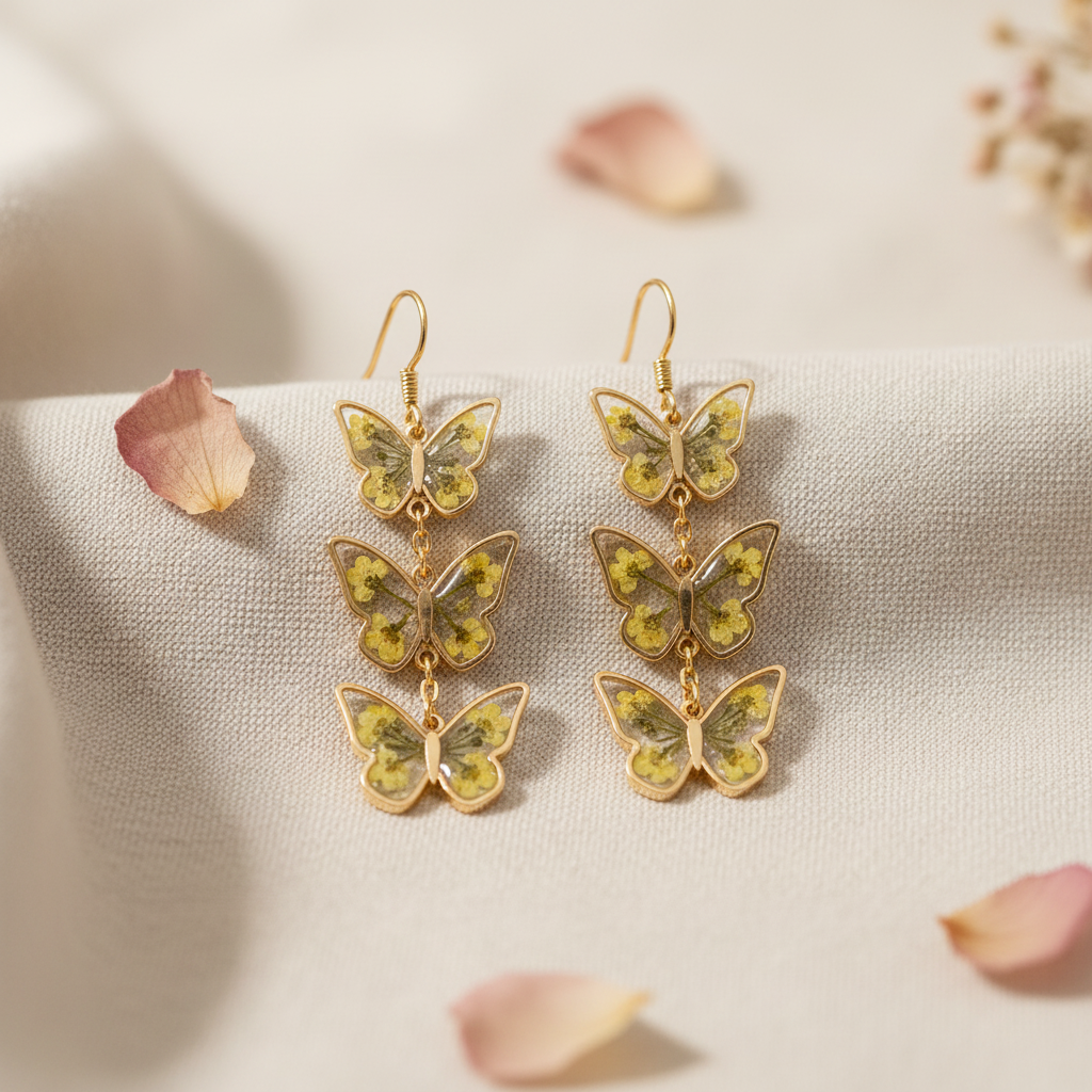 Yellow-Green Triple Butterfly Cascade Earrings