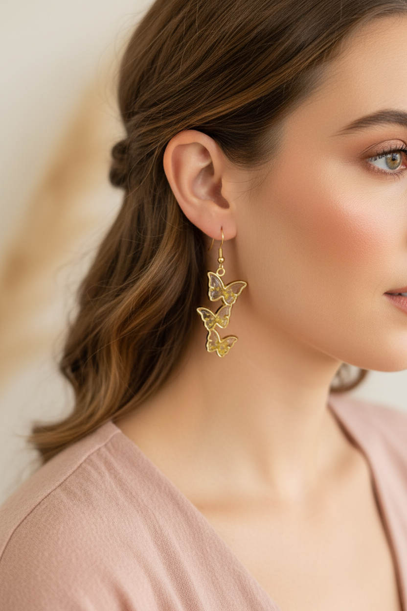 Golden Flutter Cascade Earrings | Gold Butterfly Drop Earrings | Cascading Statement Dangles | Aura in Bloom